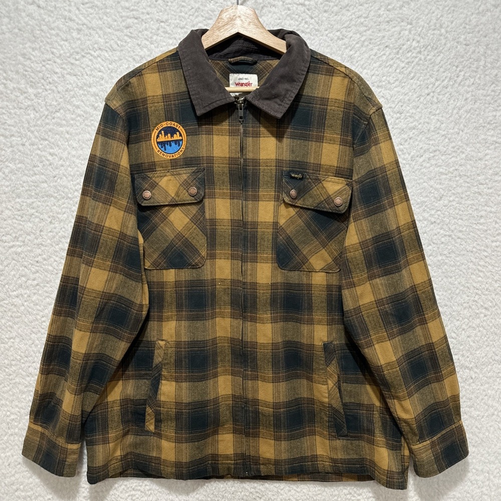 Wrangler Full Zip Corduroy Collar Plaid Long Sleeve Shirt L Company Logo Patch